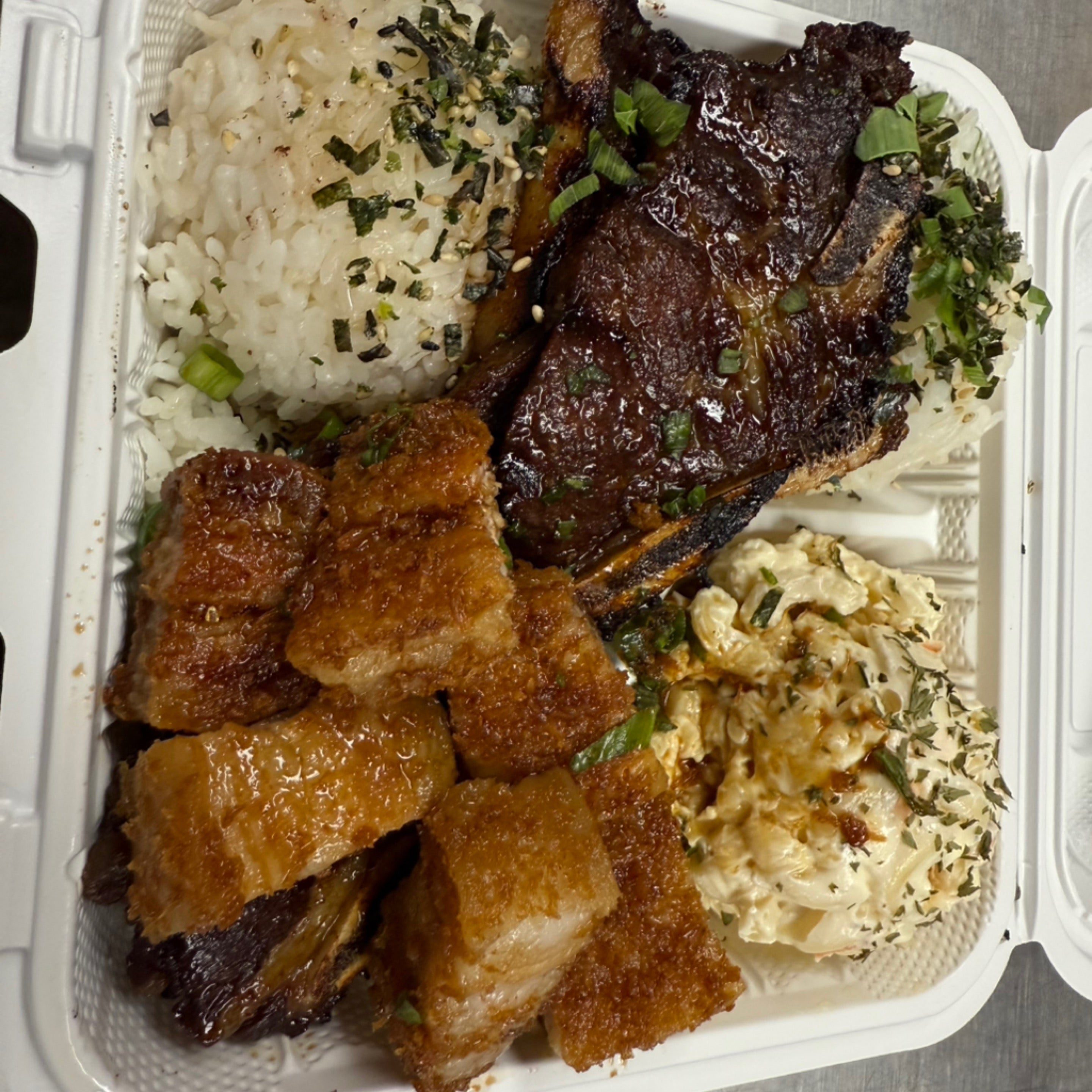 Kalbi Ribs & Fried Pork Belly Mix Plate.